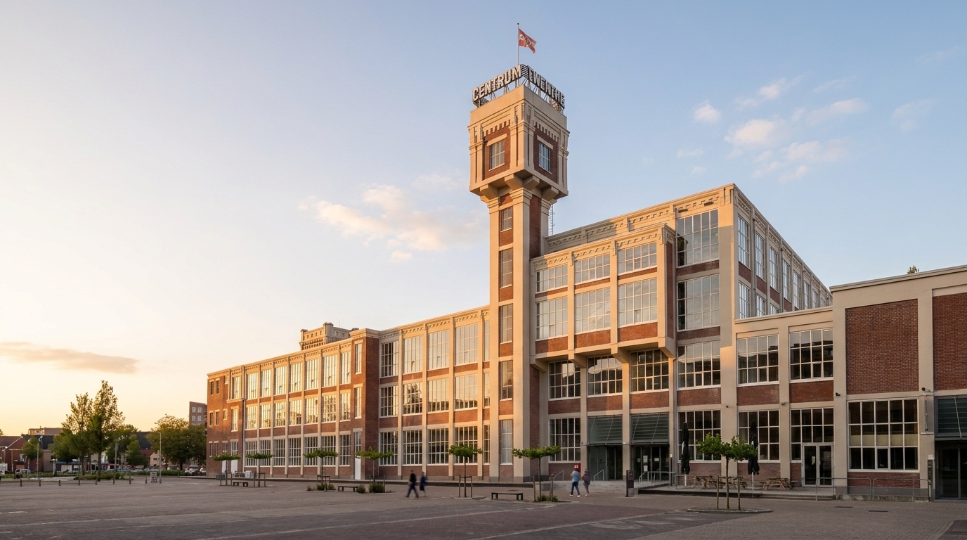 Het Twenthe Centrum in Almelo met de karakteristieke toren, bij avondzon